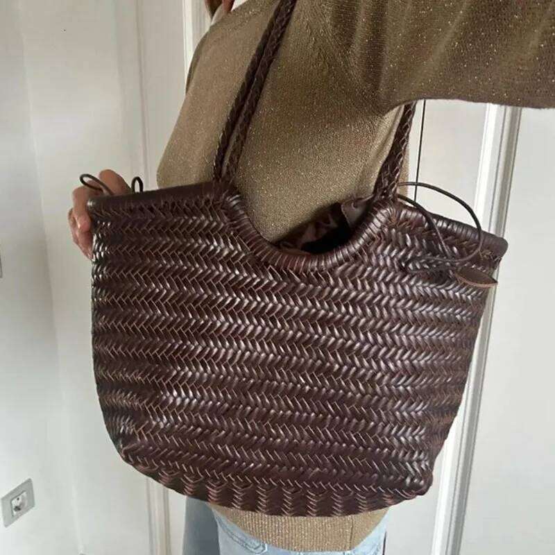 100% Natural Cowhide Weave Handbags Hand Designer Genuine Leather Female Totes Vintage Women's Cowskin Lady Large Shopping Bags