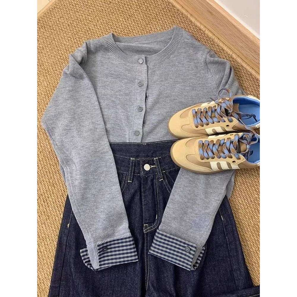 DHEssentials Gray Little Chanel Style Fake Two-Piece Base Shirt Cardigan Sweater Coat for Women Autumn Winter Lazy High-End Knitted Top