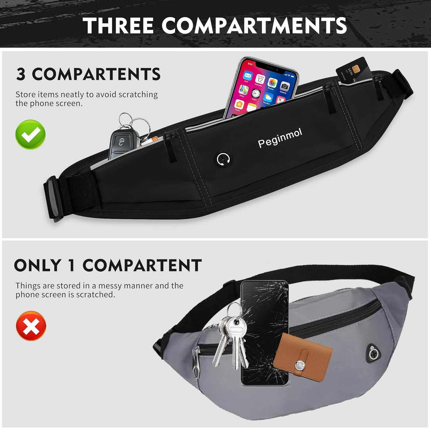 Running Belt Fanny Pack Waist Pack Bag for Women Men Running Pouch for Phone Waterproof Reflective with 3 Pouches Running Phone Holder for Sports Trav