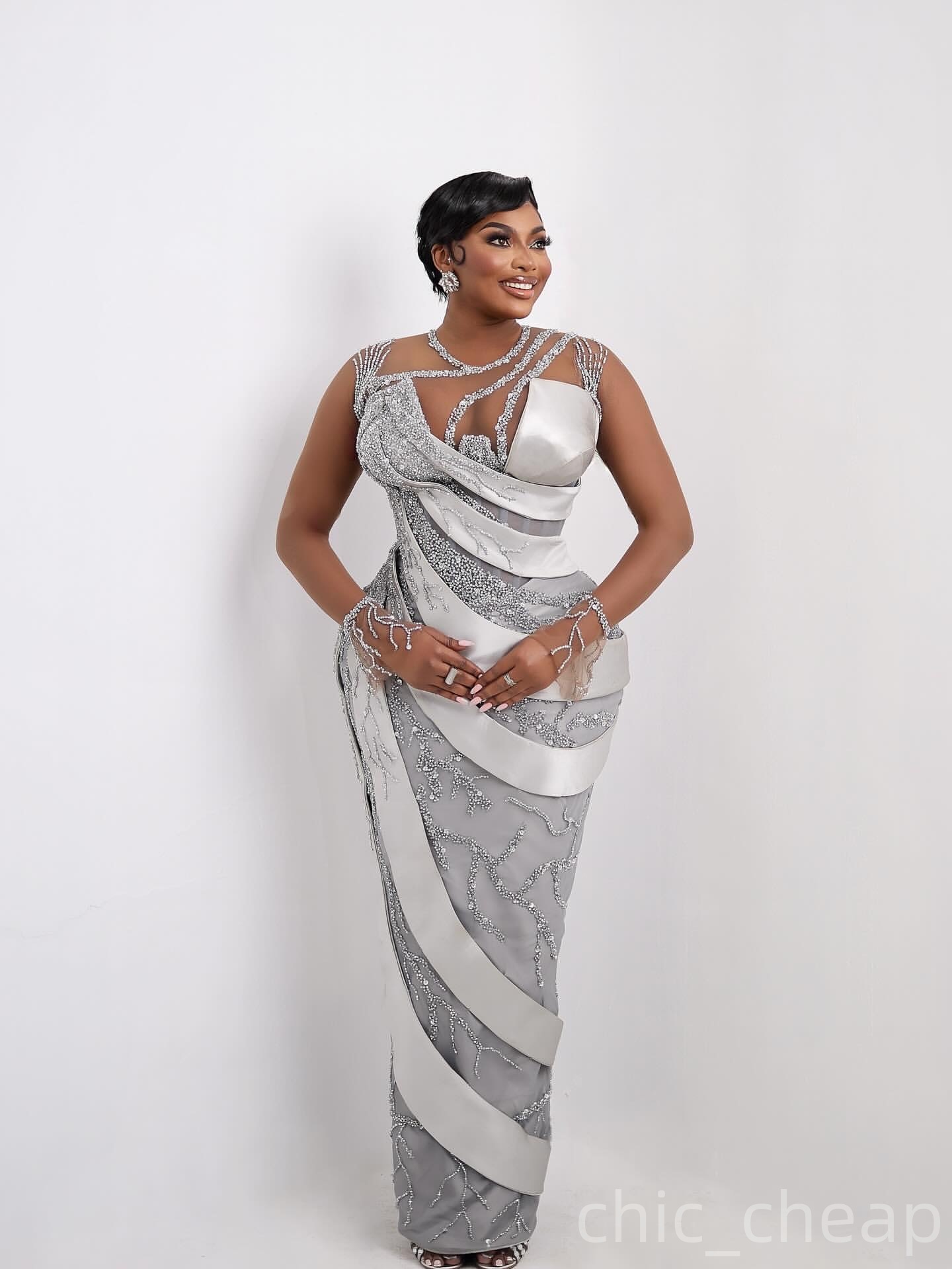 Aso Ebi Silver Sheath Prom Dresses 2025 Sequined Sheer Neck Long Sleeves Evening Formal Party Second Birthday Engagement Gowns Plus Size Dress For Spe