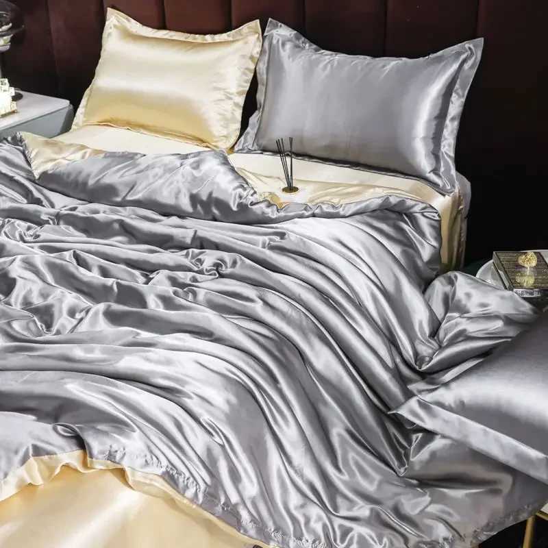 Nordic Satin Silk Bedding Set with Duvet Cover Bed Sheet Pillowcases Luxury Solid Single Double Couple Pillow Case Bedsheet C250912