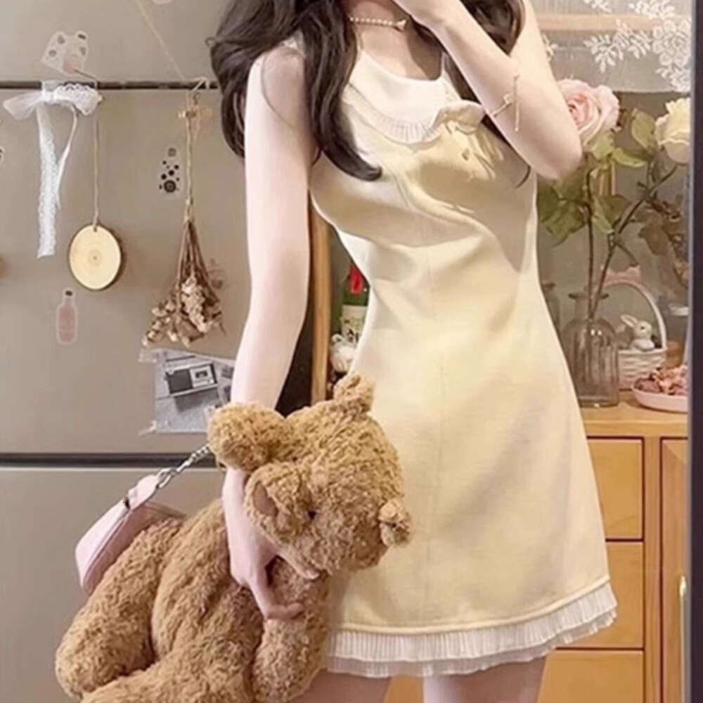 DHEssentials French Style Elegant Little Chanel Doll Collar Sleeveless for Women Summer Waist Slimming Rich Lady Yellow Short Dress