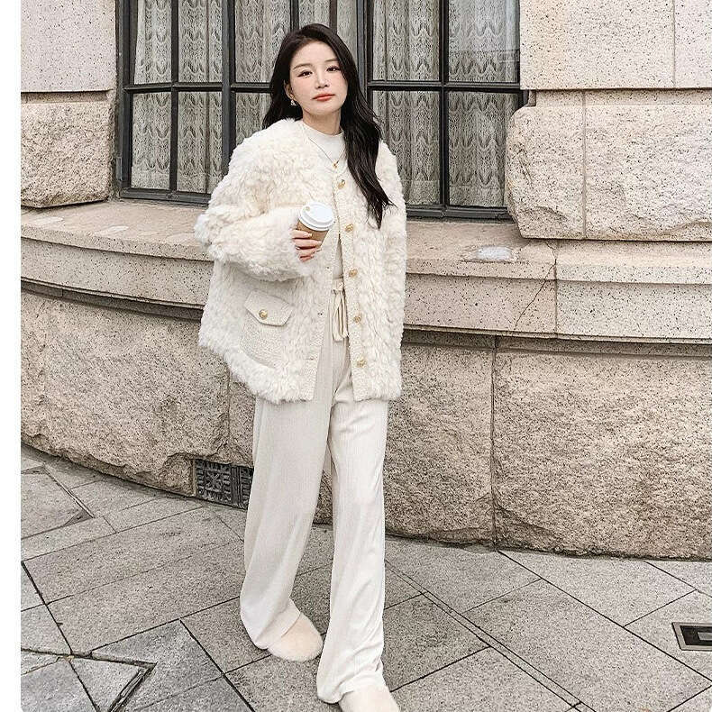 DHEssentials Chanel Furry Coat for Women, High-End Feel, 2024 Spring Lamb Wool Design, Elegant Cotton Jacket, Autumn Korean Style Top