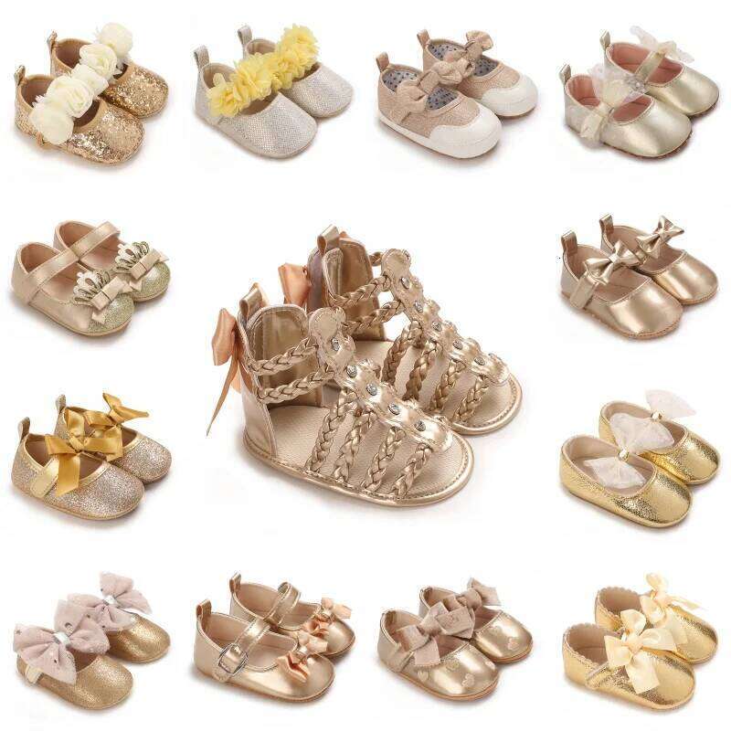 0-18M Girls' Fashionable Classic Gold Theme Princess Soft Sole Comfortable Baby Walking Shoes