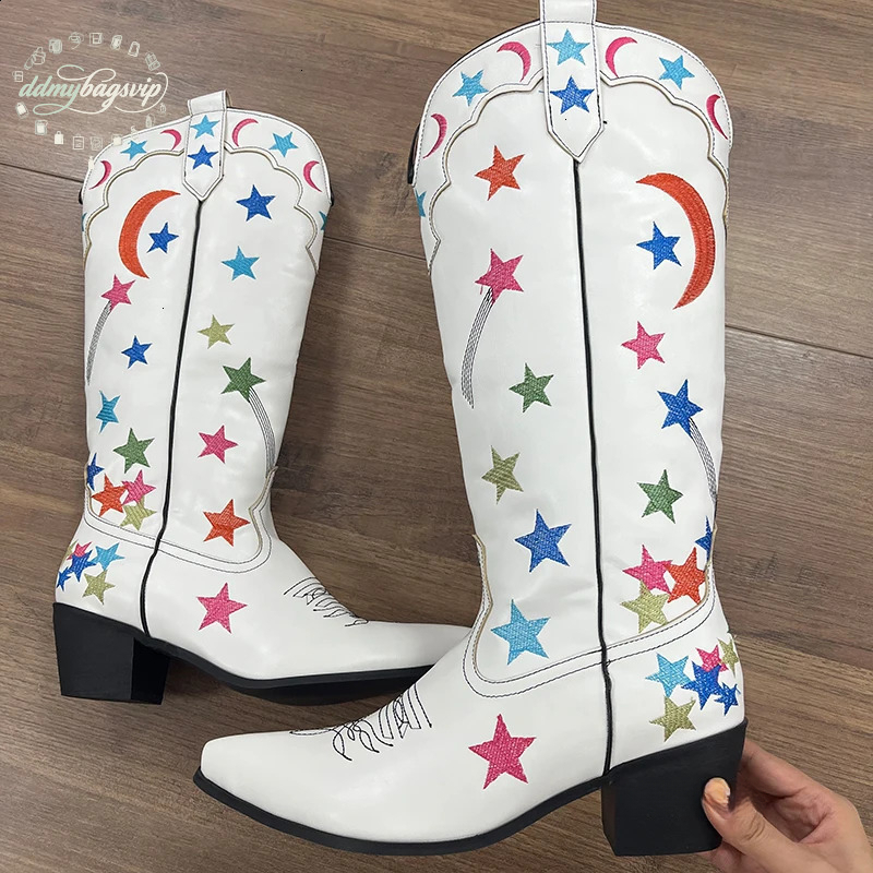 Bestseller White Boots Star Western Knee High Shoes For Women Plus Size 43 Cowgirl Vintage Embroider Botte Cowboy Femme ddmybagsvip