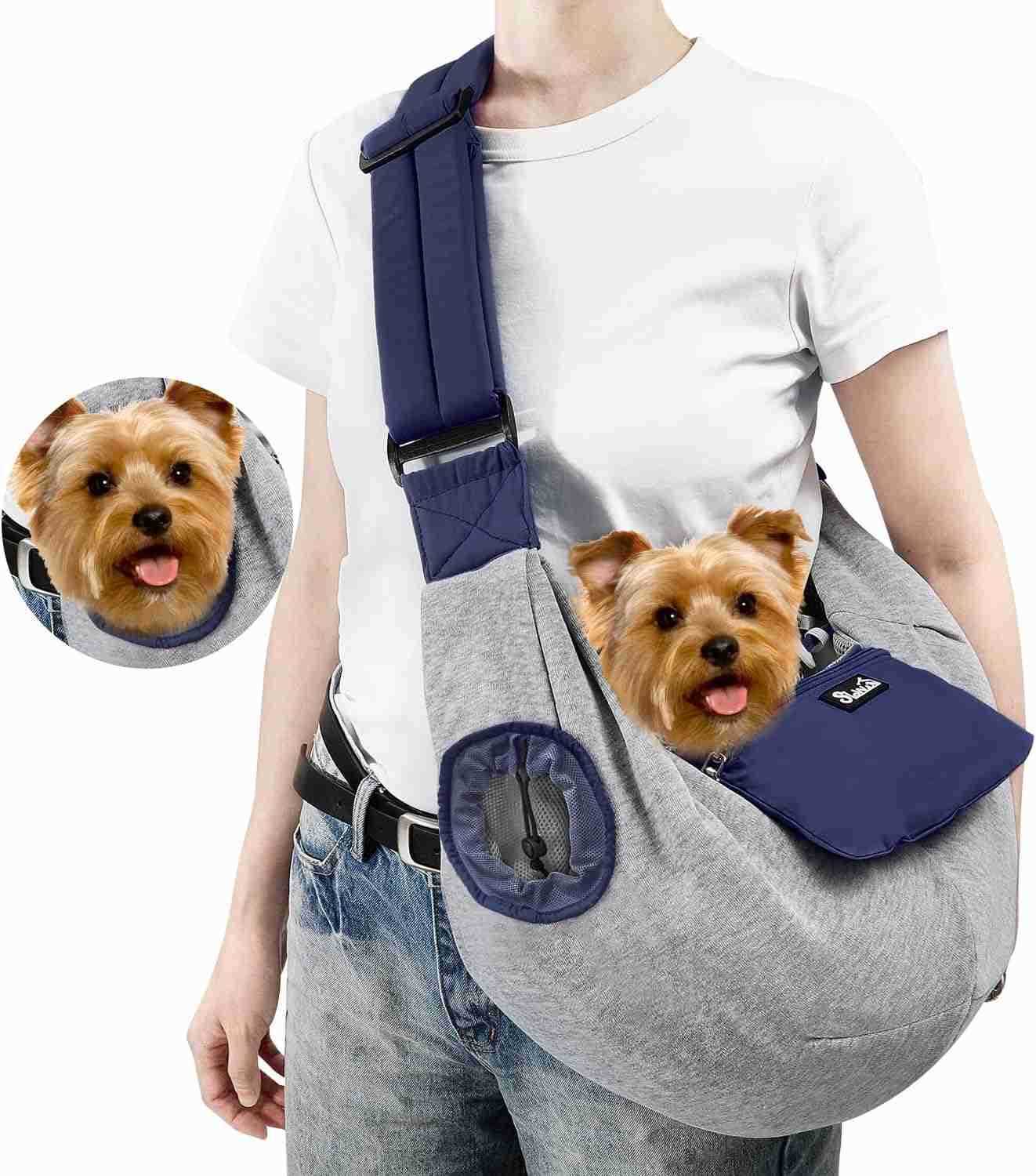 Dog Carrier Sling Puppy Carrier with Window and Storage Pocket Fits up to 12lbs Dog Sling with Thick Adjustable Shoulder Strap and Safety Leash Pet Ca