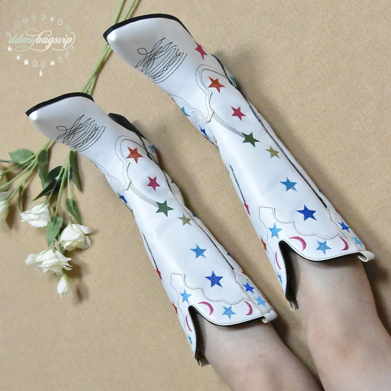 Bestseller White Boots Star Western Knee High Shoes For Women Plus Size 43 Cowgirl Vintage Embroider Botte Cowboy Femme ddmybagsvip