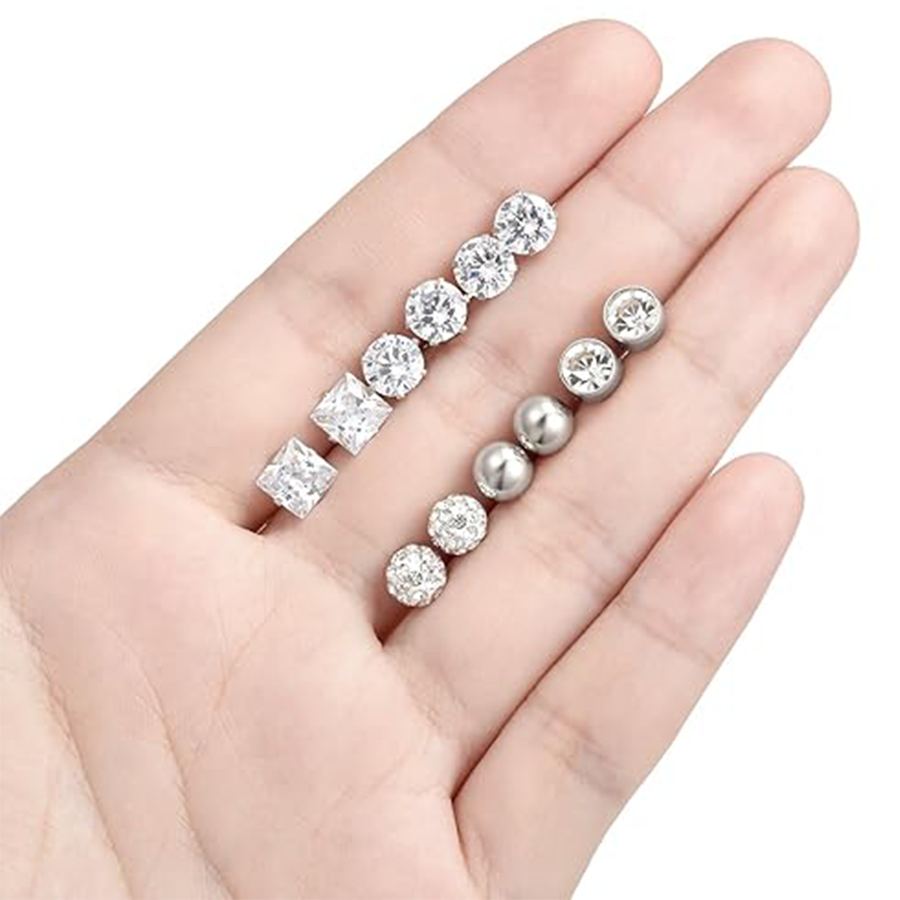6 Pairs Stainless Steel Stud Earrings CZ Ball Earring Set For Men Women 6MM Silver Tone