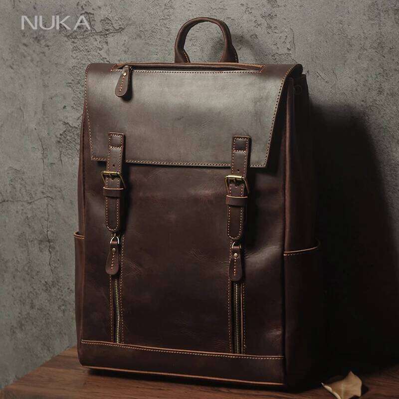 NUKA Men's Genuine Leather Vintage Outdoors Travel Bag Crazy Horse Cowhide Schoolbag Mountaineering Backpack