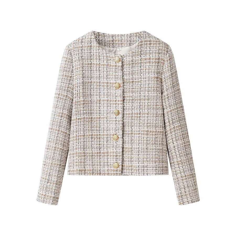 DHEssentials 2025 Autumn New French Style Small Chanel Button Textured Round Neck Long Sleeve Blazer