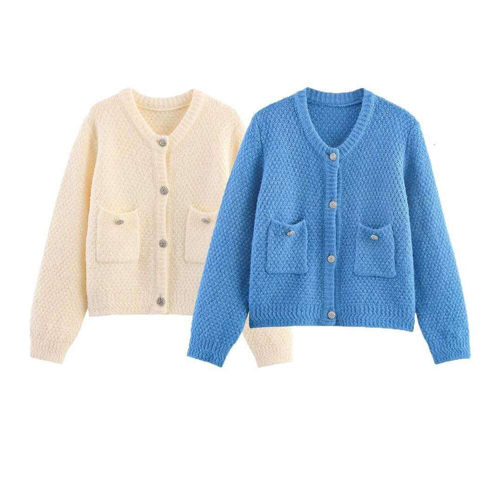 DHEssentials 2025 Autumn New Women's Fashion Wind Diamond Check Pocket Chanel Style Round Neck Knitted Long Sleeve Sweater Coat