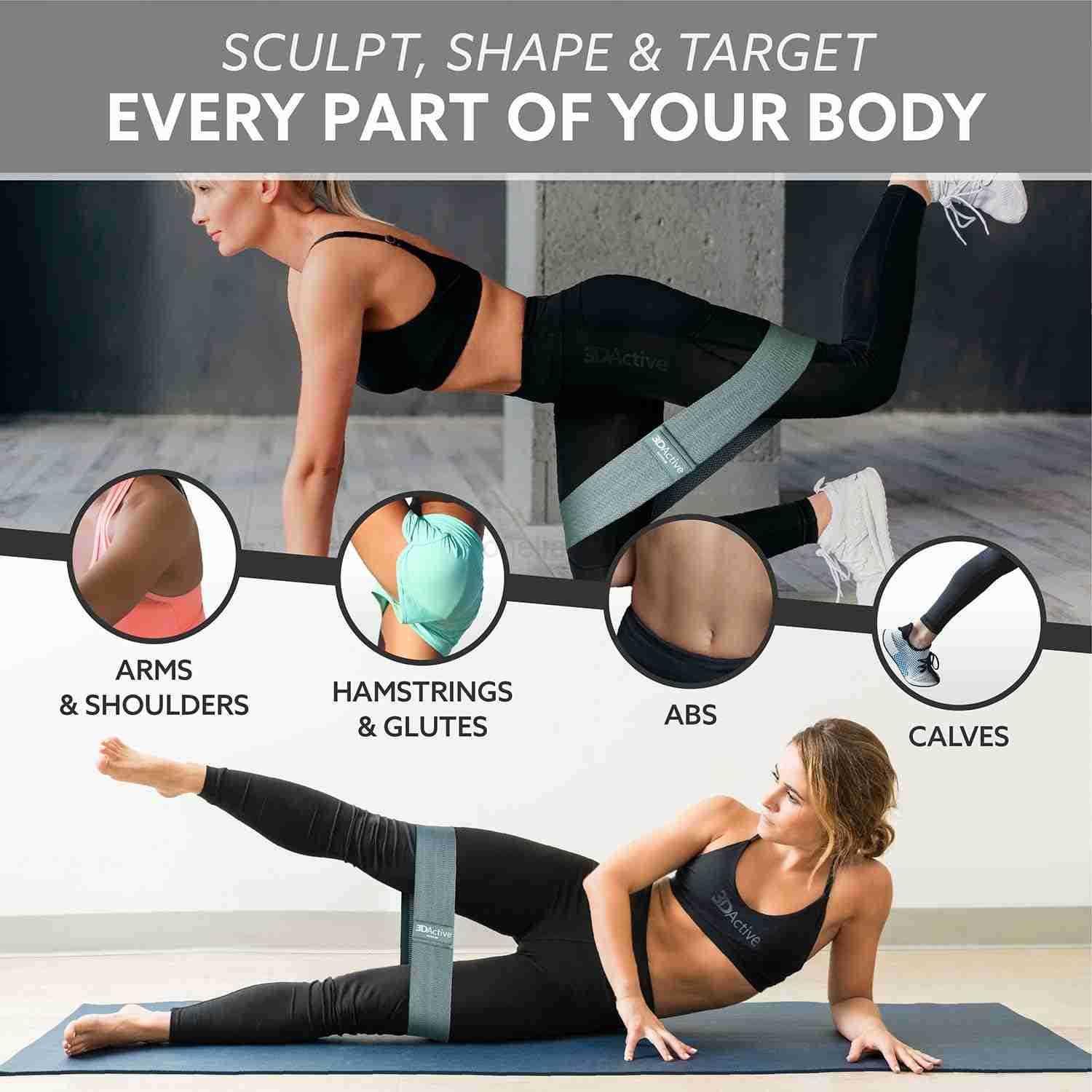 3DActive Fabric Resistance Bands for Legs Butt Wide NonSlip Hip Band Set for Home Gym Workouts Exercise Guide Carry Bag Included W250912