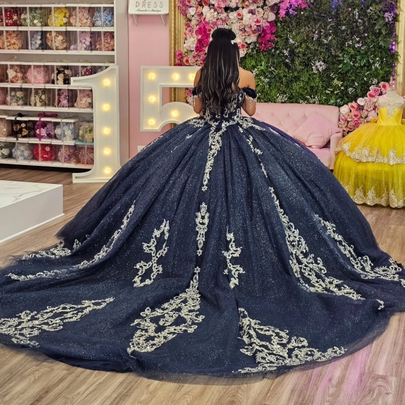 Navy Blue Shiny Ball Gown Quinceanera Dresses Off The Shoulder Applique Lace Beads Corset Tull Party Birthday Sweet 16 Dress Vestidos 15 De Anos