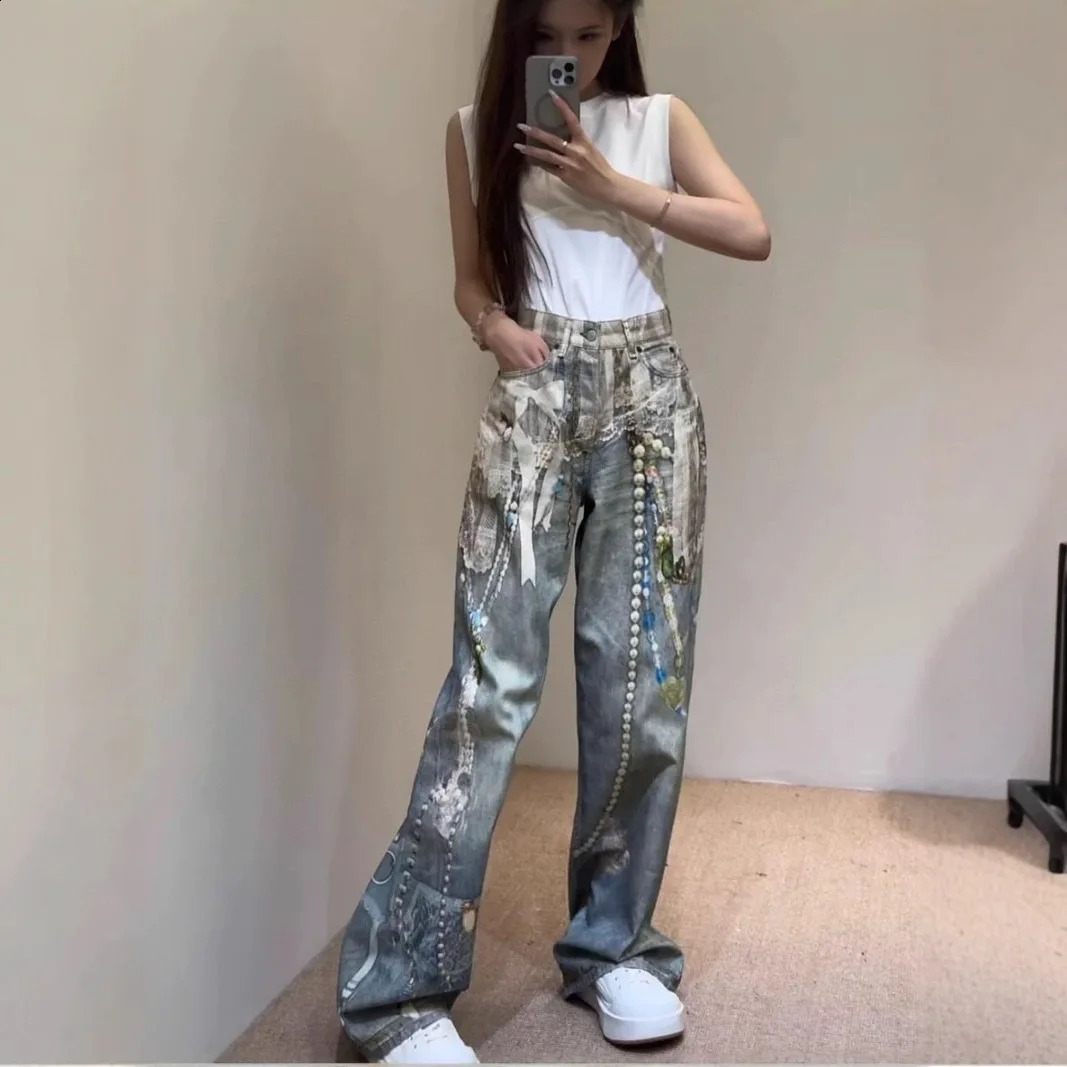 Fashionable Niche 3D Printed Lace Pearl Print Chain Straight Long Pants for Women Fashion Denim Trousers Street Jeans Ladies 250911