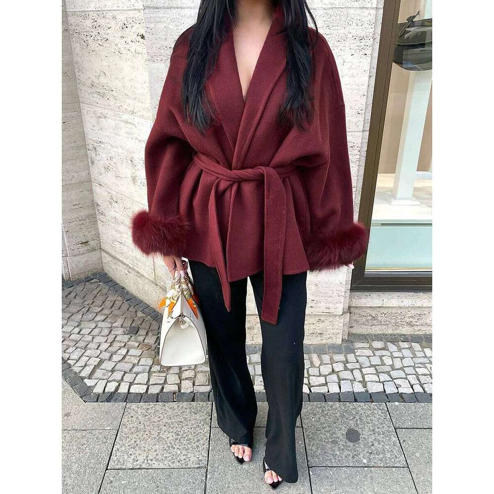 Dresses VGH Solid Spliced Lace Up Slim Coats For Women Lapel Long Sleeve Patchwork Artificial Fur Wool Coat Female Autumn Fashion Style