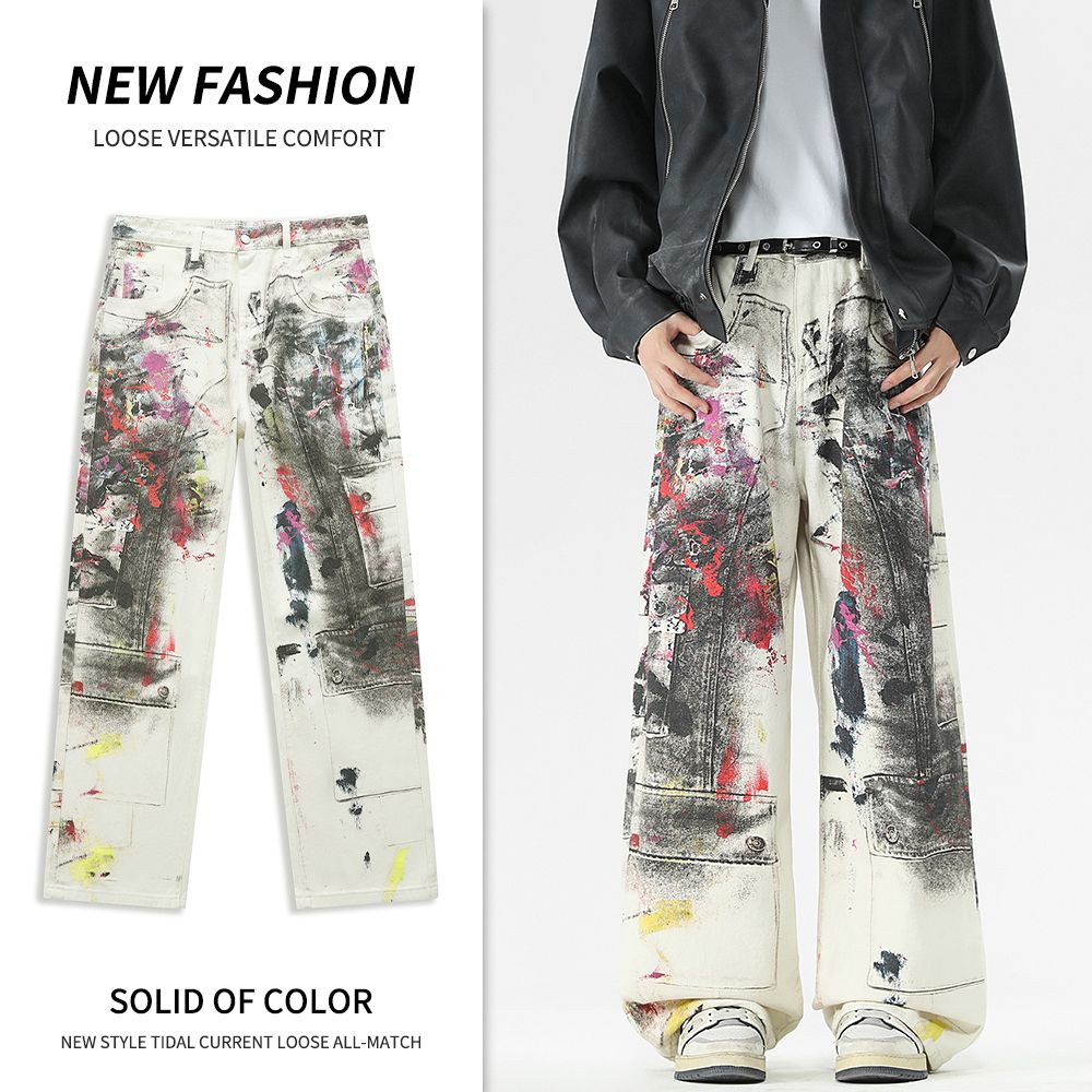 Men's Jeans New Digital Print Loose Jeans, Trendy Artistic Splash & Faded Style Denim Pants