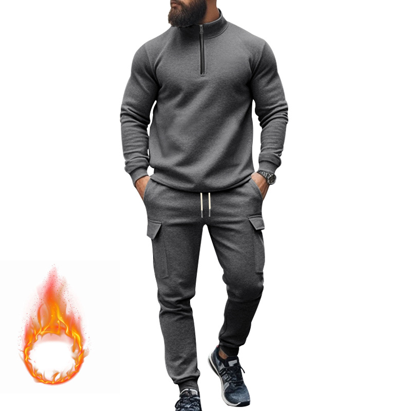 Designer tracksuit Men's Fleece-Lined Casual Workwear Pants Set with Zip Jacket EU Size: S-3XL