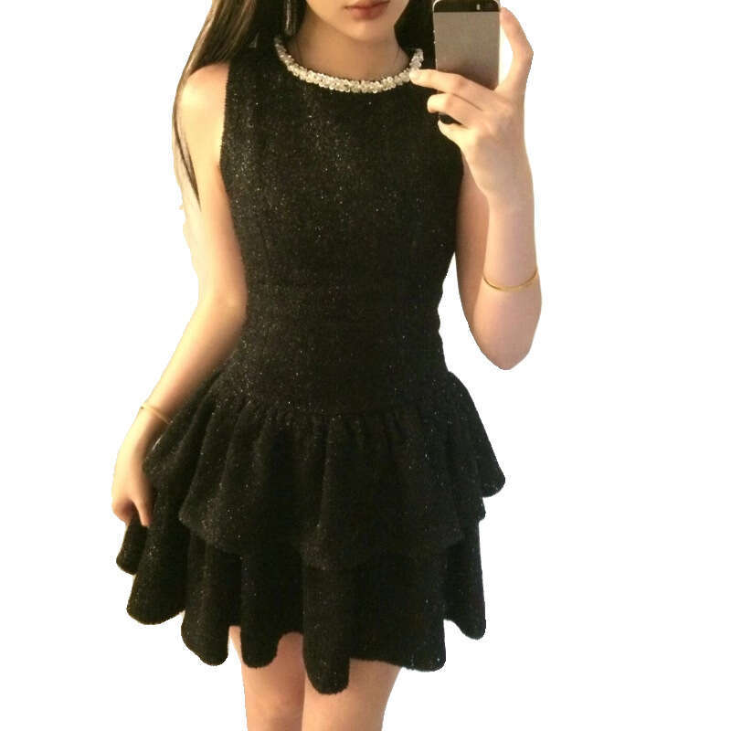 DHEssentials French Style Black Shimmer Vest for Women, High-End Socialite Elegant Waist-Cinching Birthday Cake Short Dress