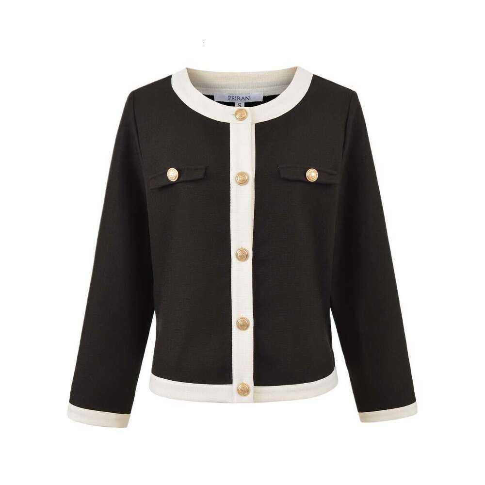 DHEssentials 2025 Autumn New Small Fragrance Style Youthful Short Single-Breasted Color-Block Women's Long Sleeve Jacket Black