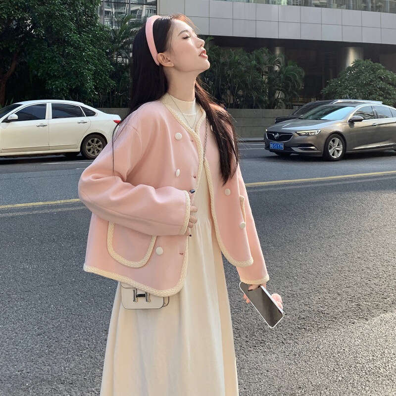 DHEssentials Autumn Winter New French Small Fragrance Color-Block Elegant Long-Sleeve Coat Women Gentle Style Apricot Dress Two-Piece Set