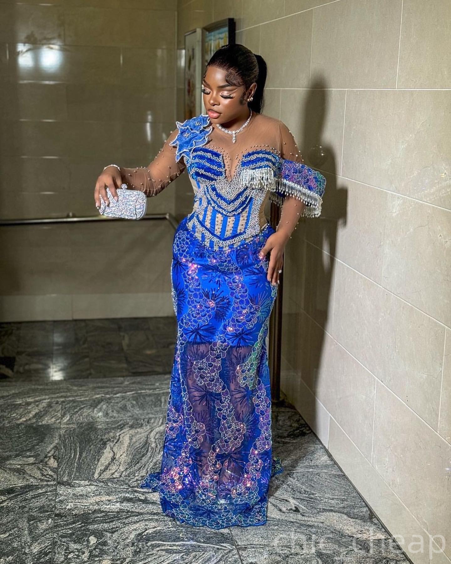 Aso Ebi Royal Blue Mermaid Prom Dresses 2025 Beaded Sequied Tassels Evening Formal Party Second Birthday Engagement Gowns Plus Size Dress For Special 
