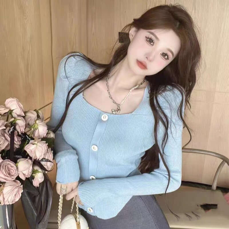 DHEssentials Autumn Winter New Slim Fit Short Top Small Fragrance Style Elegant Square Collar Buttoned Curved Puff Sleeve Knitted Sweater for Women