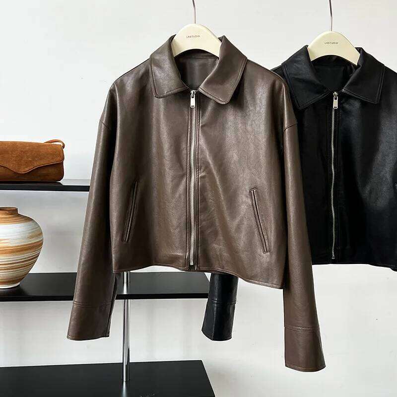 2025 Spring Pu Leather Turn Down Collar Coat Fashion ZIP Classic Jacket Femme Streetwear Women Tops Clothes
