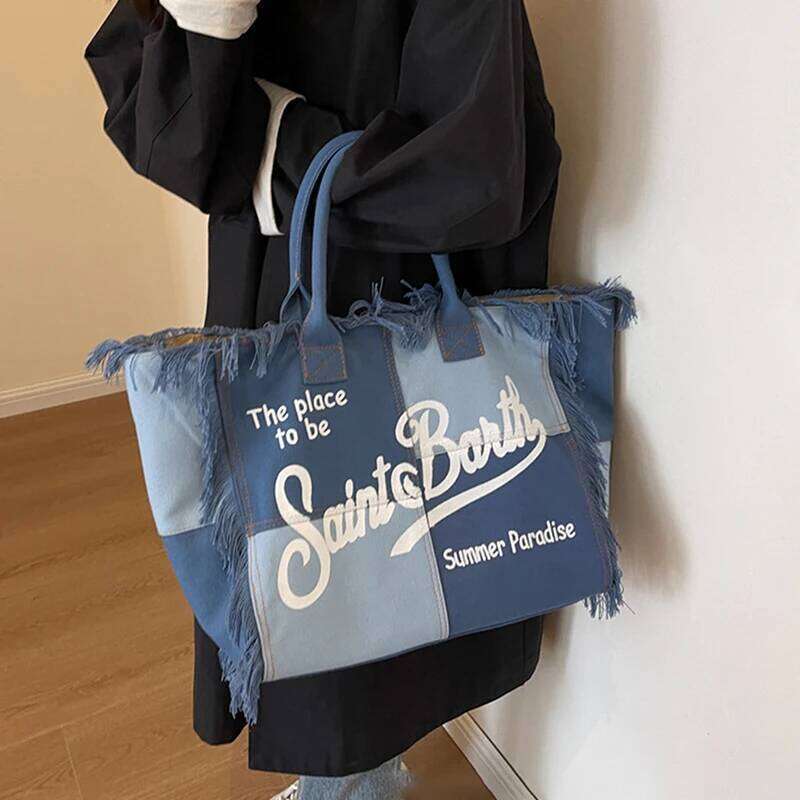 Fashion Denim Printed Tote Large Capacity Shoulder Commuter Bags Handmade Tassel Canvas Summer Beach Women's Bag