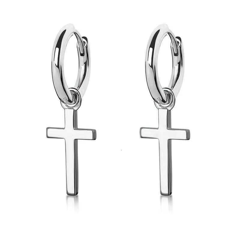 Wholesale in Stock Huggie Hoop Earrings 925 Sterling Silver 14K White Gold Plated Big Cross Dangle Hinged Earrings for Men Women
