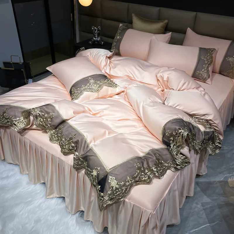 Luxury Bedding Set 3Pcs Duvet Cover Set King Size Bed Skirt Lace Double Side Washed Silk Design Reactive Printing Sleep Coolly C250912