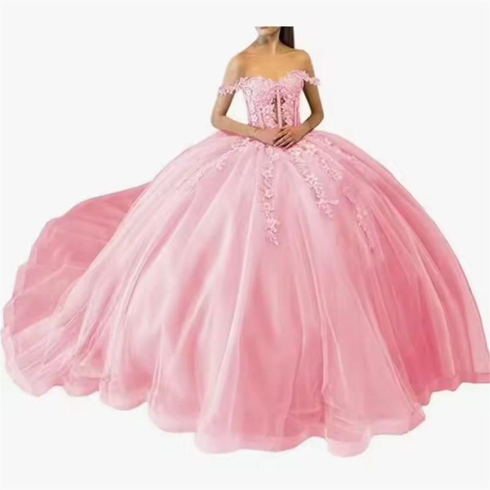 Ball Gown Quinceanera Dresses Green Masquerade Off Shoulder Lace Applique Tulle Customized Sweet 15 16 Princess Birthday Party Gowns Vestidos De 15 An