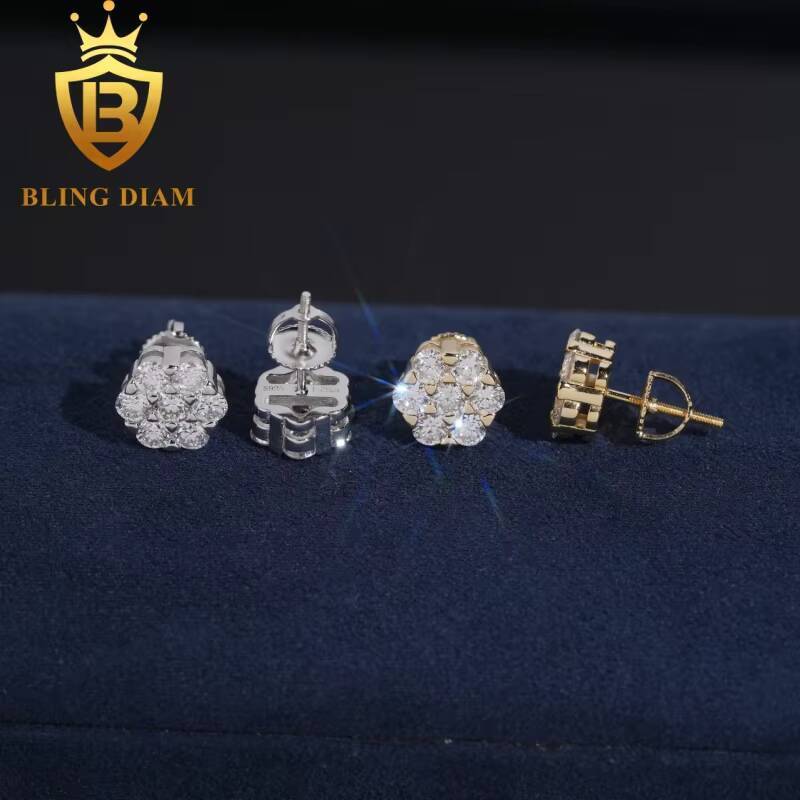 Trendy Pass Diamond Tester Hip Hop 925 Sterling Silver Gold Plated Flower VVS Moissanite Lab Diamond Stud Earrings