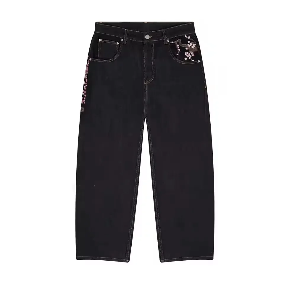 Sakura Embroidered Jeans Wide-leg Pants Y2K Low-waist Hip-hop Clothing Men Women Decorated with Loose Jeans Vintage Style