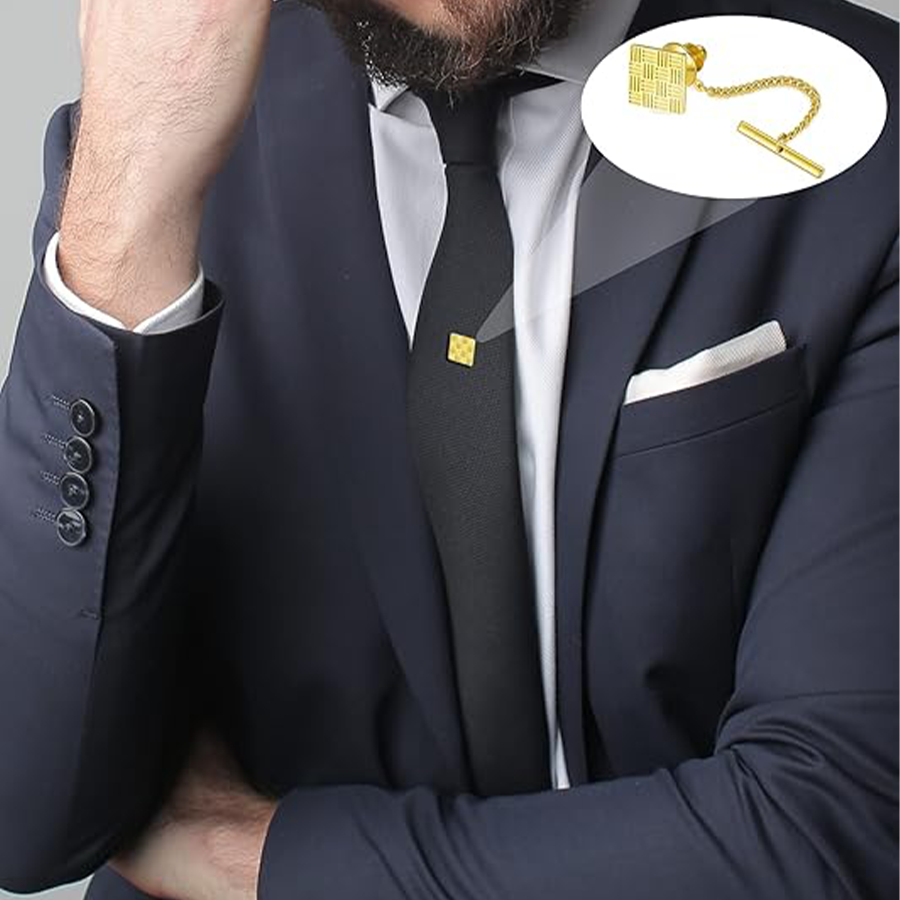 9Pcs Tie Clips Men Square CZ Tacks Clutch with Chain Necktie Silver Black Gold Tie Clips Link Chain Wedding Meeting Business Anniversary Tie Pin Clips