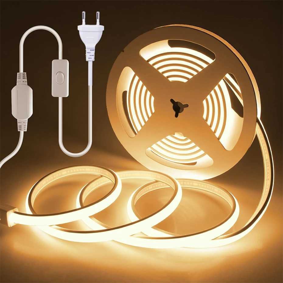 High Brightness 220V COB LED Strip Switch plug EU AU Waterproof Flexible Neon LED Tape Light for Home Kitchen Outdoor Lighting C250912
