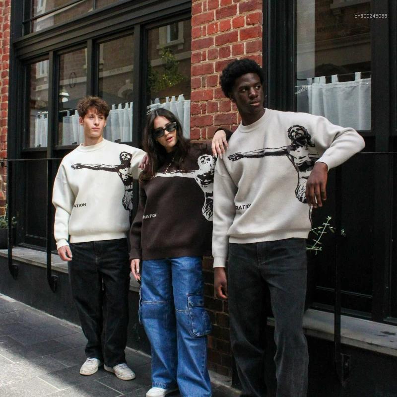 Men's Sweaters Y2K Harajuku Retro Saviour Knit Sweater American Trendy Avatar Letter Daily Pullover Autumn Winter Warm Boxy Clothes