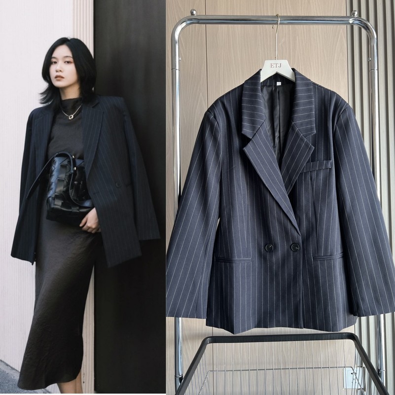ETJ FallWinter Womens Street Fashion oversized pinstripe shoulderpadded loose suit jacket for women 250911