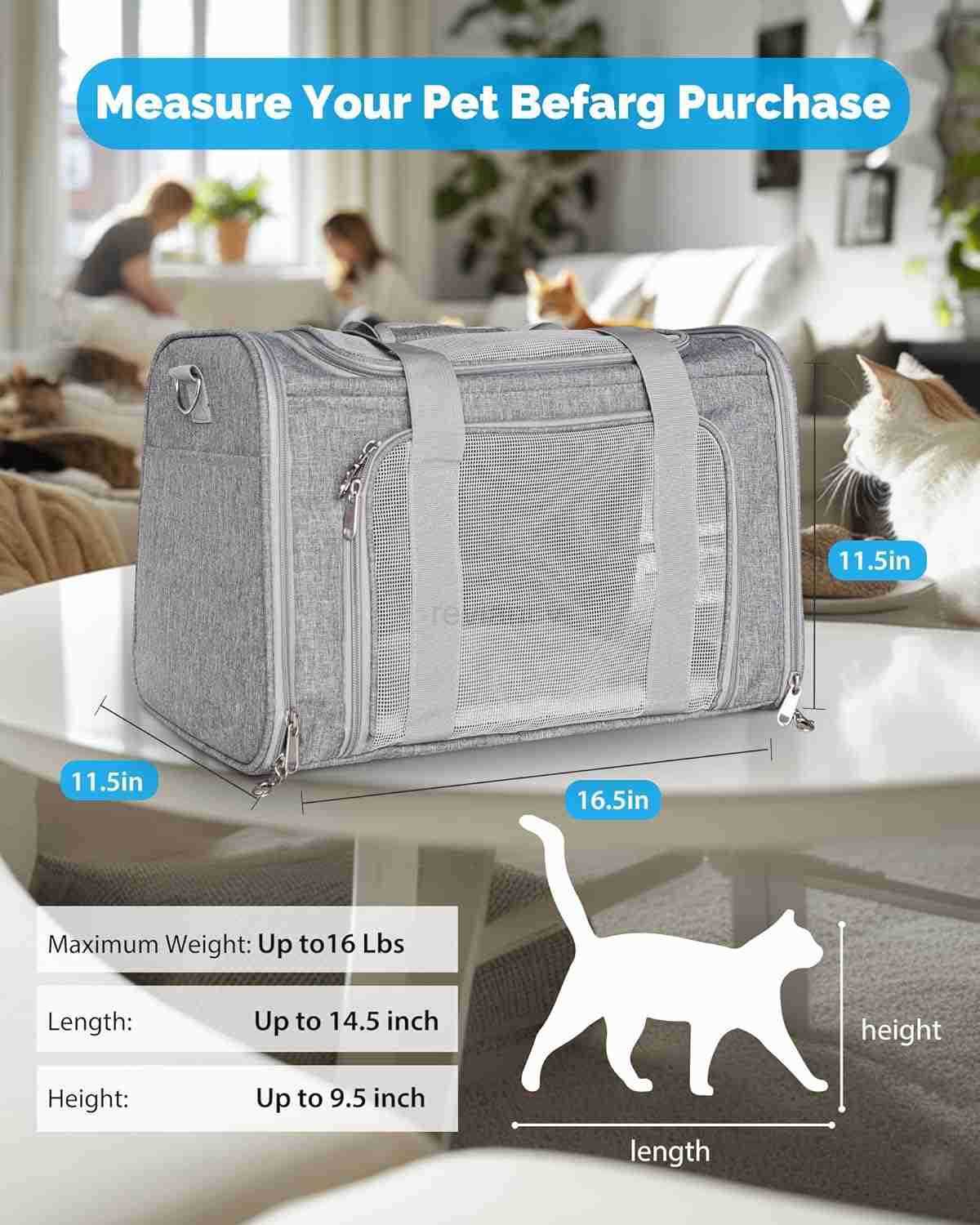 Approved Cat Carrier Soft Sided Pet Travel Bag for Cats and Small Dogs Under 16 lbs TSA Approved Pet Carrier in Cabin GrayW250912