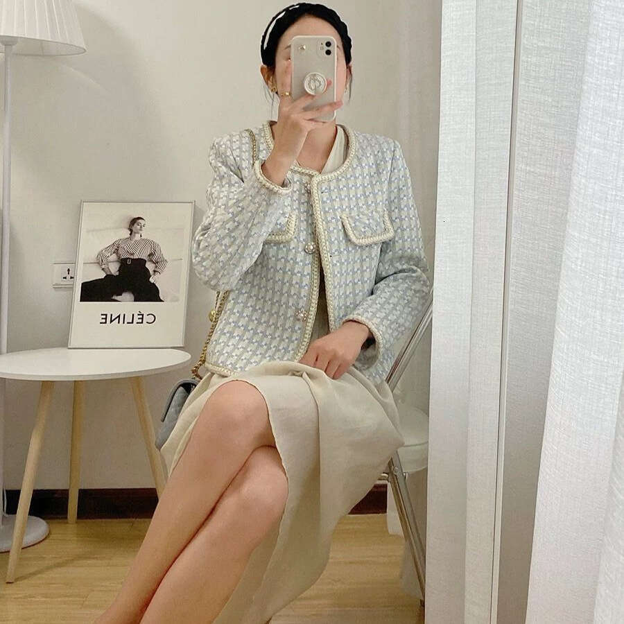 DHEssentials 2025 Autumn Winter New Houndstooth Chanel Style Loose Versatile Elegant Commuter Chic Tweed Jacket for Women