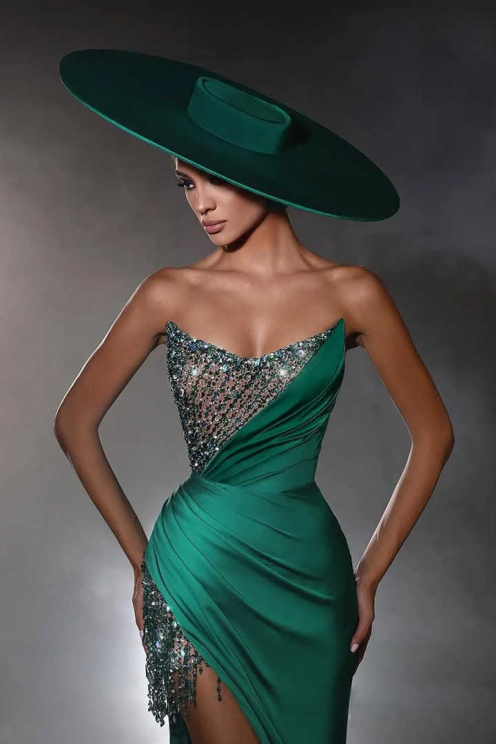 Sexy Mermaid Evening Dress Strapless Beading Sequins Prom Gowns High Splits Sleeveless Floor Length Party Dresses Customized