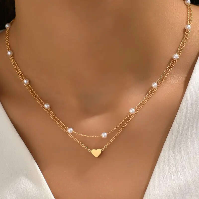 Hot Selling Imitation Pearl Heart Pendant Versatile Collarbone Chain for Women Double Layer Stacking Necklace