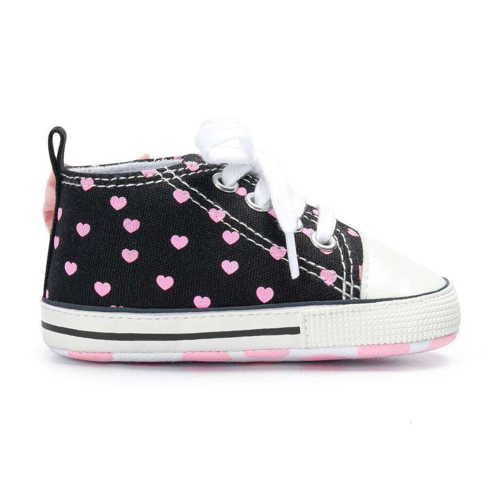 Newborn Baby Girls Shoes Fashion Bowknot Heart Print Classic Canvas Casual High Tops Sneakers Soft Anti-slip Sole First Walkers