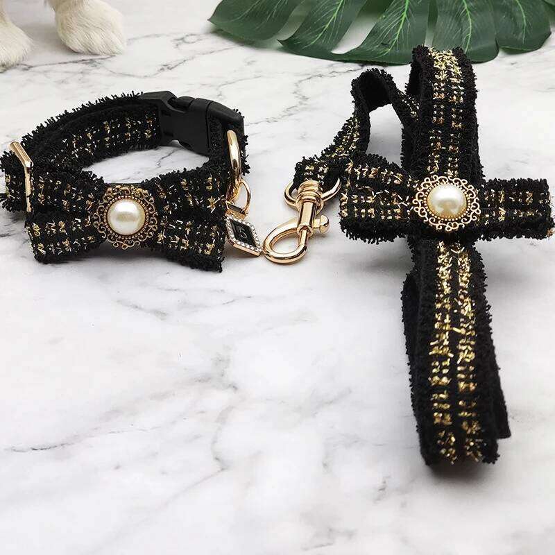 Dog Cat collar Lace Leash Set Vintage Bowknot Pearl Bells Girl Dogs Adjustable for Small Medium Puppy Collar Pet Supplies