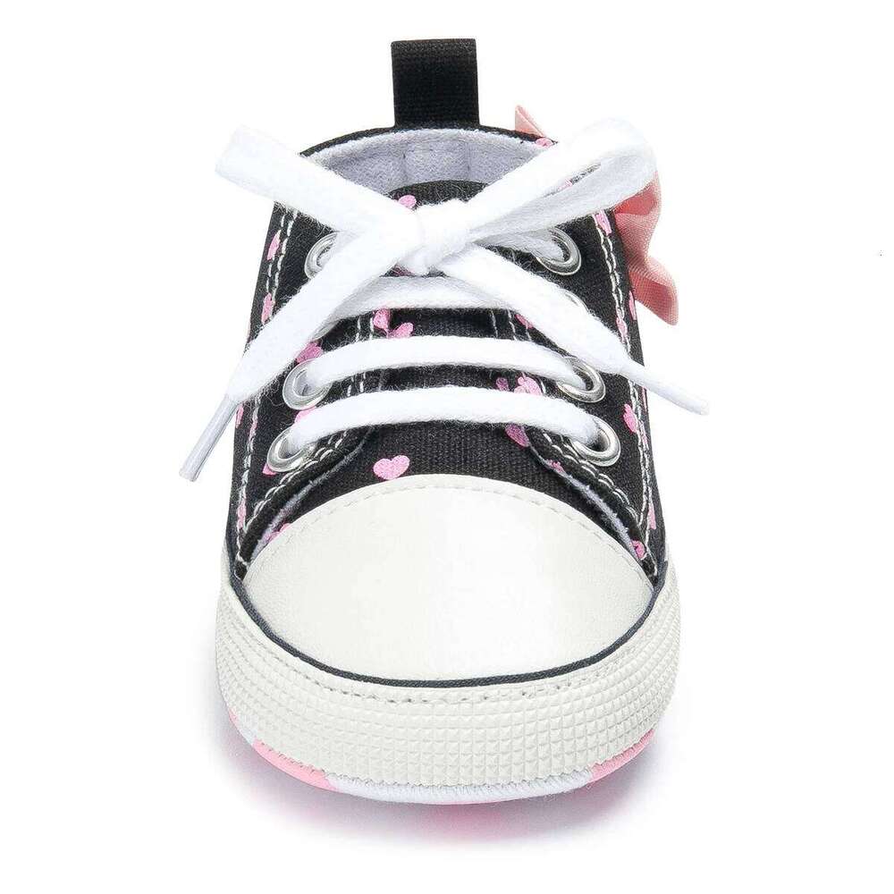 Newborn Baby Girls Shoes Fashion Bowknot Heart Print Classic Canvas Casual High Tops Sneakers Soft Anti-slip Sole First Walkers