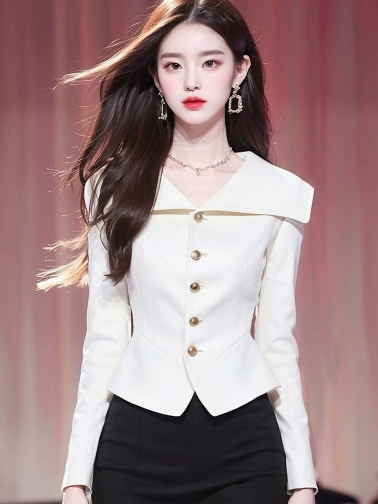 Spot goods Elegant White Short Jacket for Women - Autumn Blazer with Turndown Collar, Trendy Office Lady Style