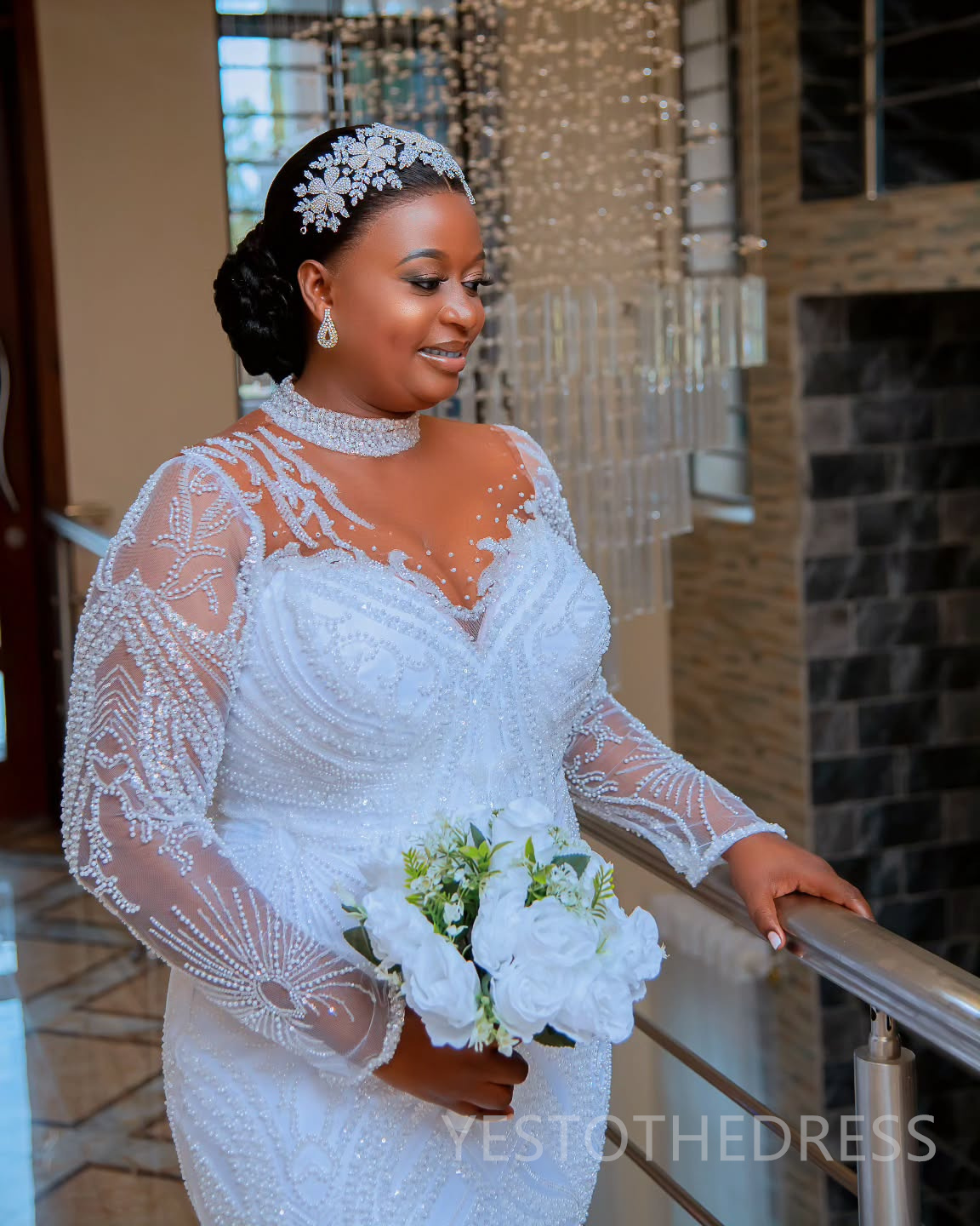 2025 Aso Ebi African Wedding Dress Bridal Gowns For Bride Mermaid High Neck Pearls Illusion Beaded Lace Tires Appliqued Lace Wedding Gowns For Black W