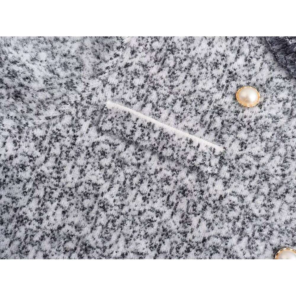 DHEssentials French Style High-End Diagonal Collar Anti-Mink Wool Gray Round Neck Knitted Cardigan