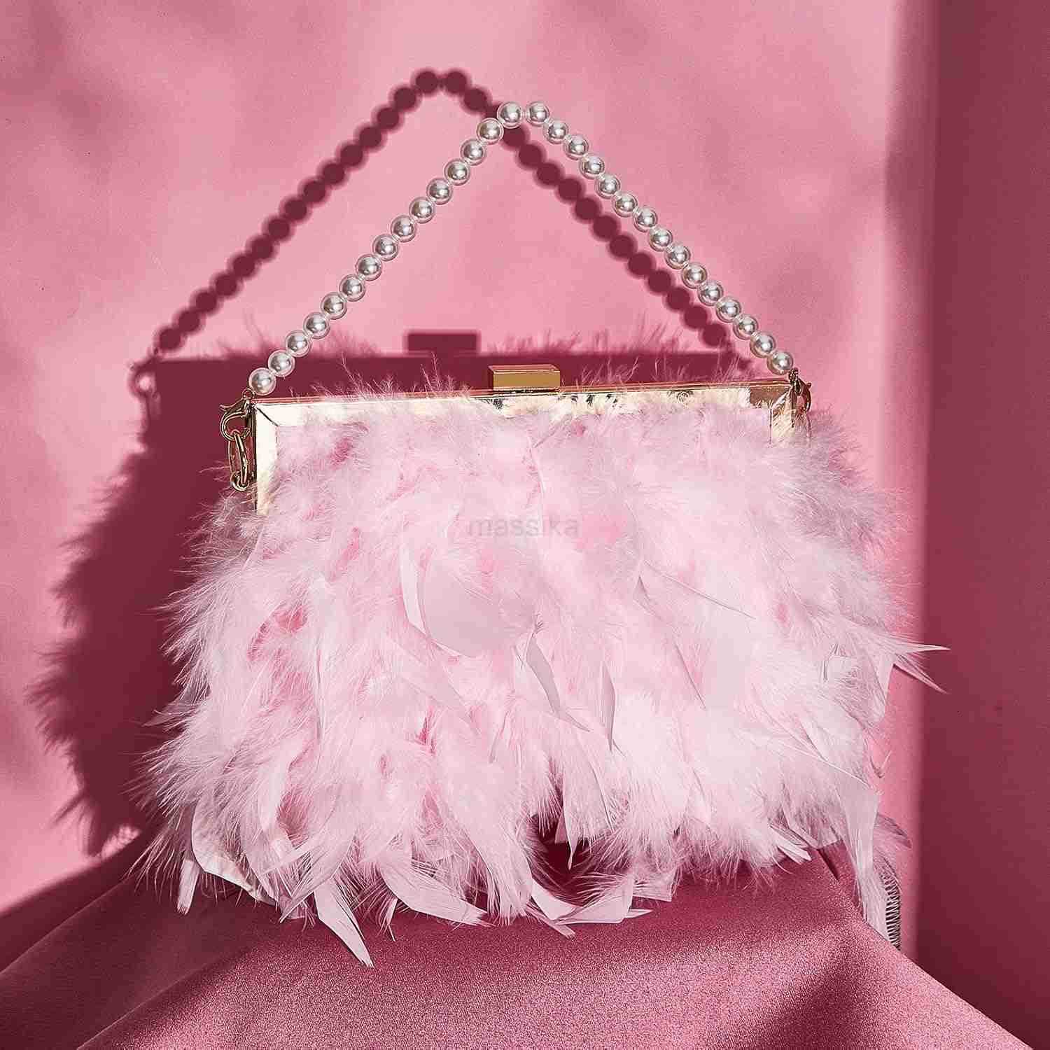 Feather Clutch Purses for Women Wedding Evening Bride Furry Purse Classy Fringe Glossy Designer M250912