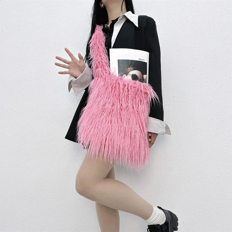 Simple Women Soft Plush Hobos Y2k Shoulder Bags Winter Furry Ladies Clutch Purse Handbag Fashion Female Underarm Bag 250911