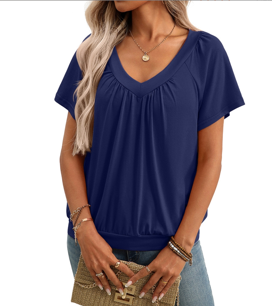 Fashionable New V-Neck Pleated Loose-Fit Short-Sleeve Cotton T-Shirt